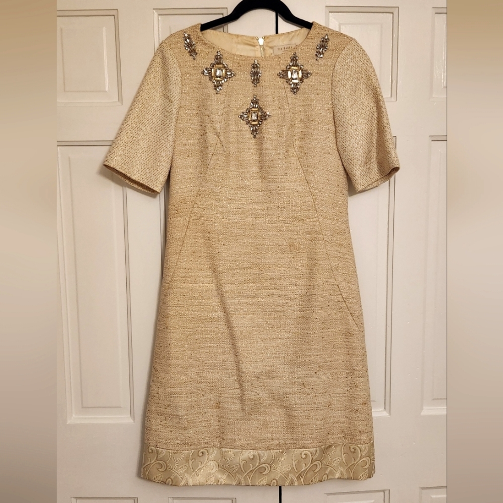 TED BAKER • Gold & Cream Weave Dress with Embellishments, Size 3 (Mediu…